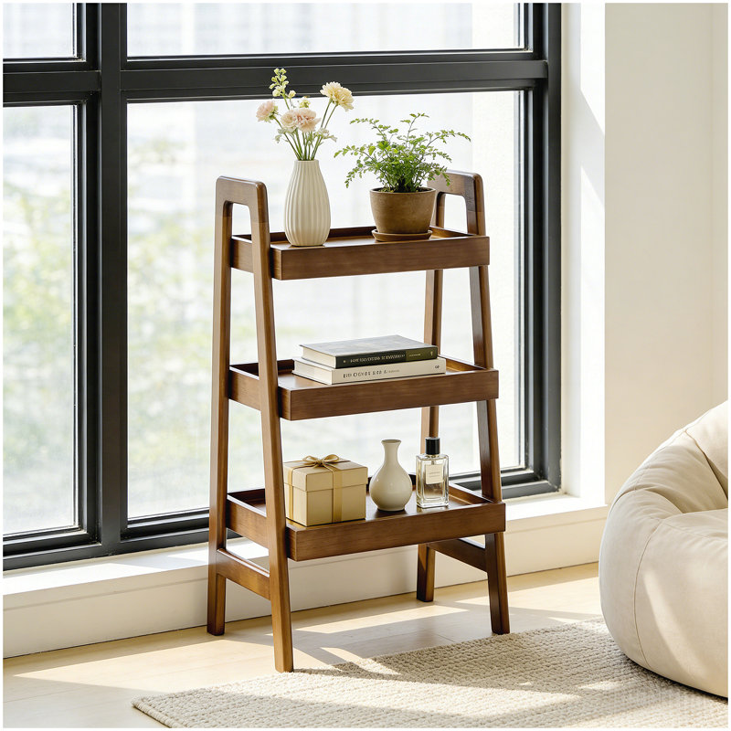 George Oliver 100% Solid Wood Ladder Shelf, 3 Tier Small Ladder